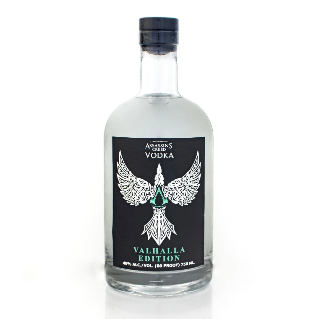 Bottle of Assassin's Creed Vodka Valhalla Edition on a white background